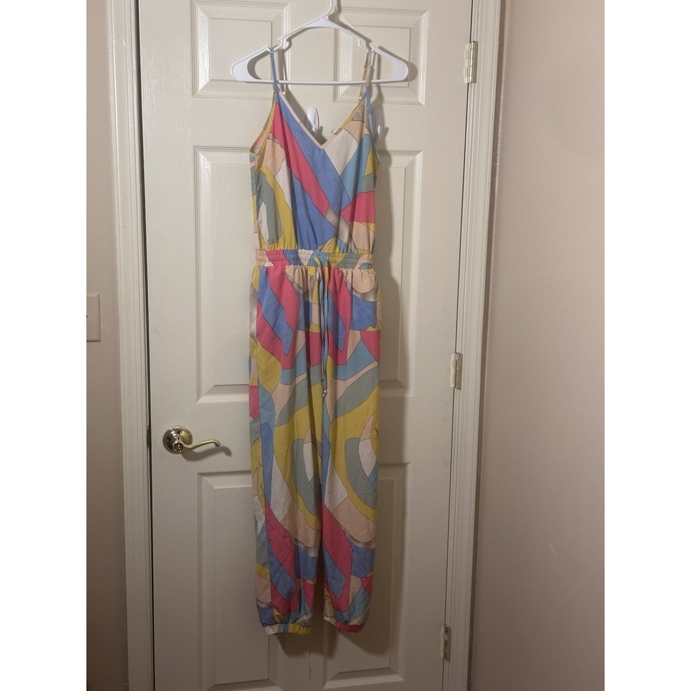 Entro Women's S Multicolor Abstract Print Sleeveless Jumpsuit Drawstring